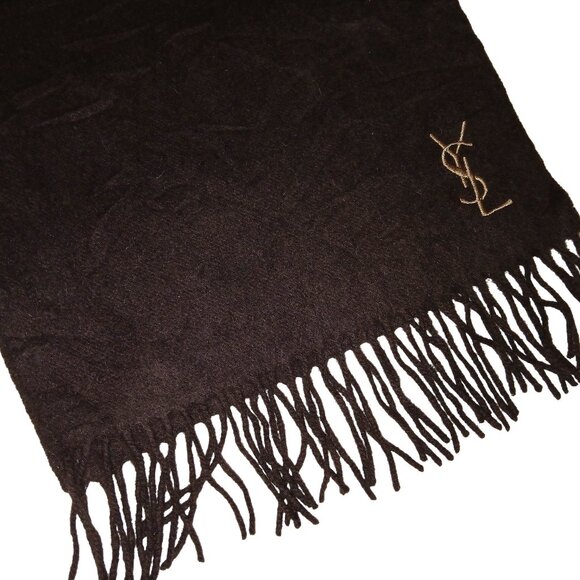 Yves Saint Laurent YSL Brown Tan Embroidered Wool Fringed Scarf Pre-Owned - Picture 5 of 8